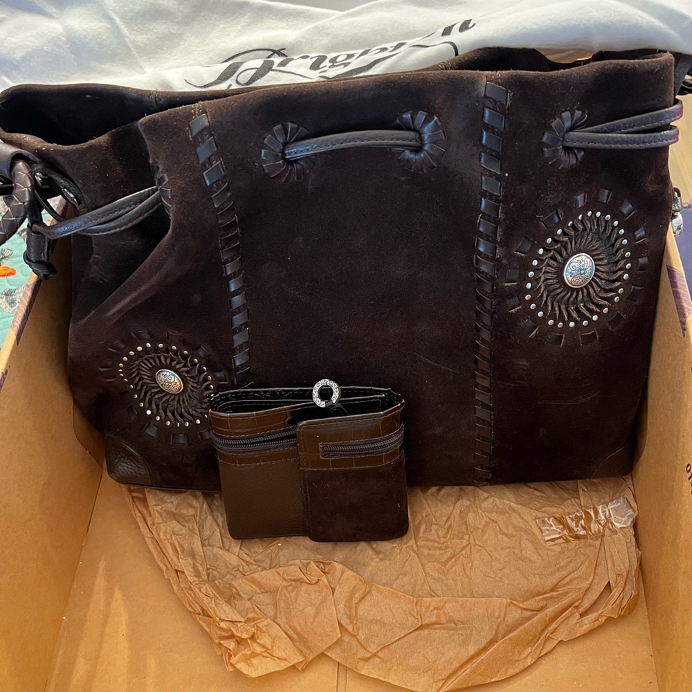 Dark Brown Suede Shoulder Bag Set with Decorative Stitching